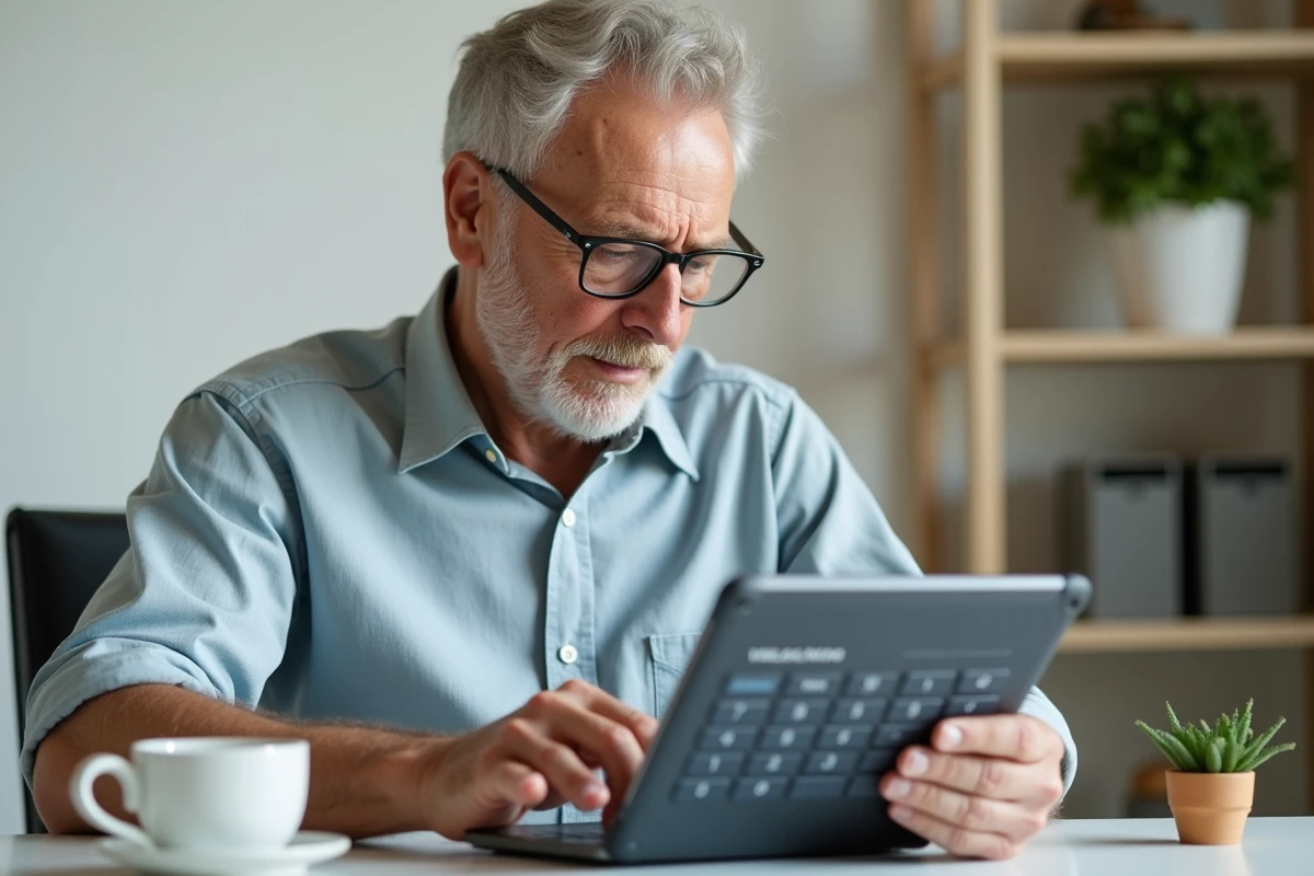 Homme senior utilisant une calculatrice de simulation viager sur tablette dans son bureau à domicile