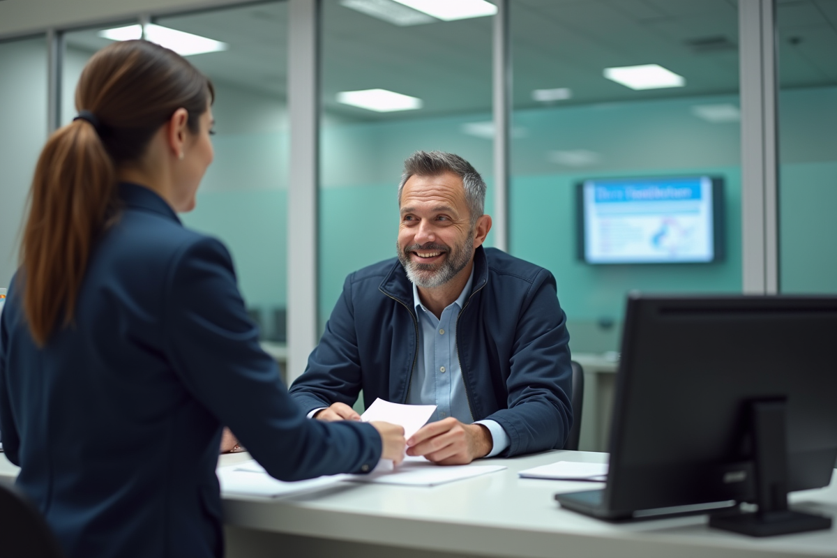 Homme remettant des documents à un agent dans un bureau administratif