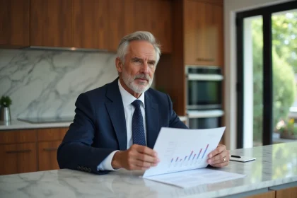 Homme en costume navy tenant un rapport immobilier dans une cuisine élégante