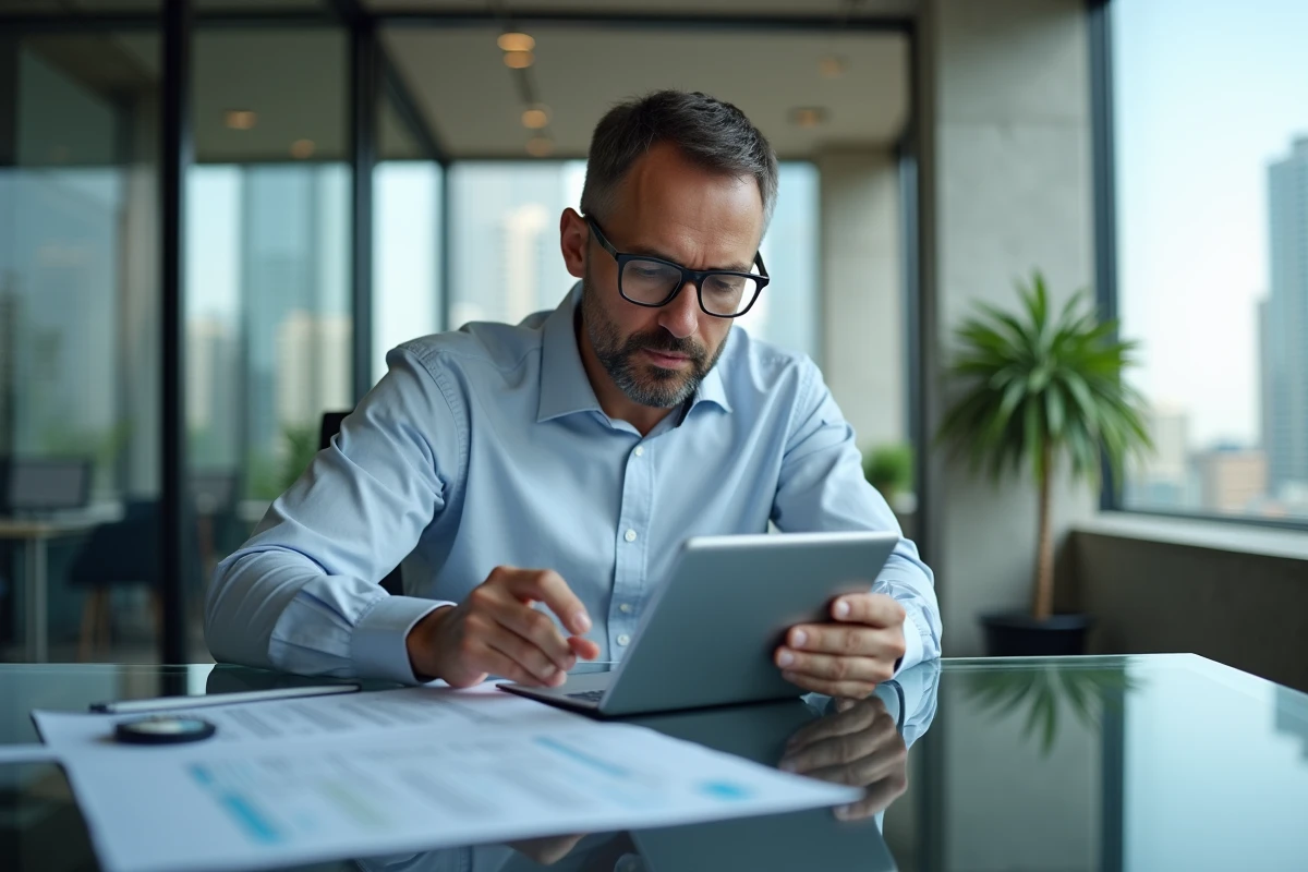 Homme d affaires utilisant une tablette dans un bureau moderne