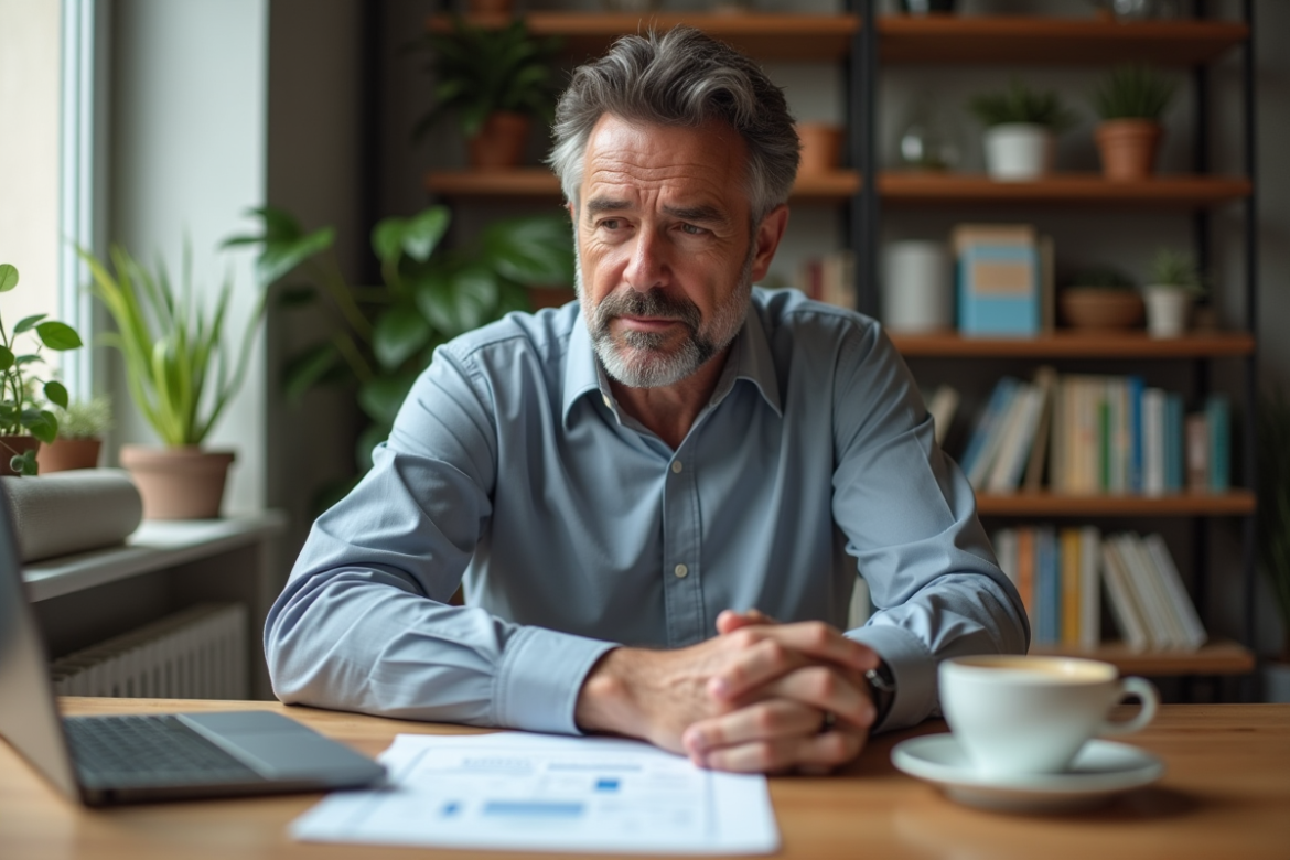 Homme d'âge moyen analysant documents de valuation immobilière