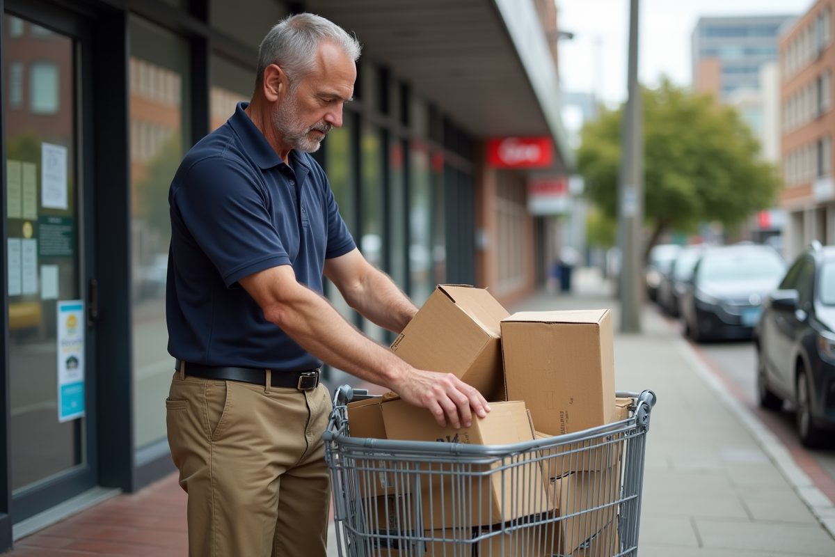 Homme vérifiant des cartons recyclés devant un supermarché