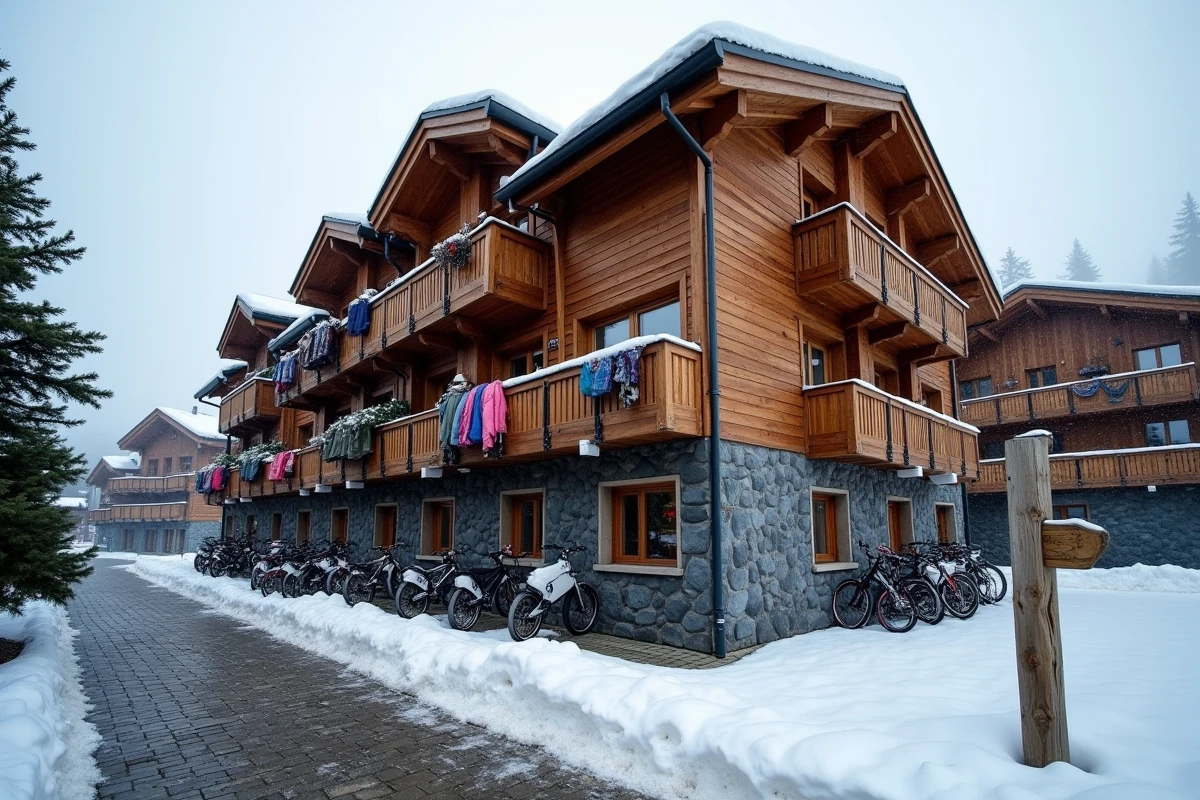 Façade d'un immeuble de location d'appartements aux Menuires Croisette avec balcons enneigés et architecture alpine