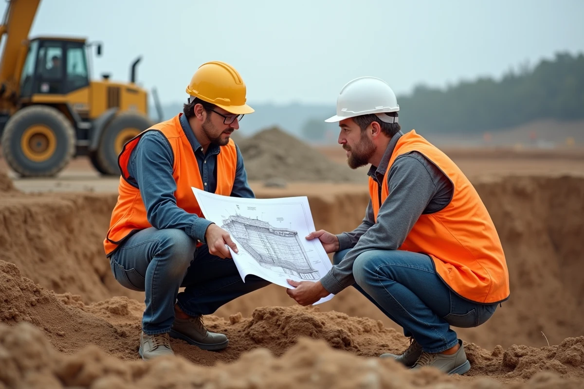 Deux ingénieurs sur un chantier étudiant un plan en coupe de terrain et de construction imprimé