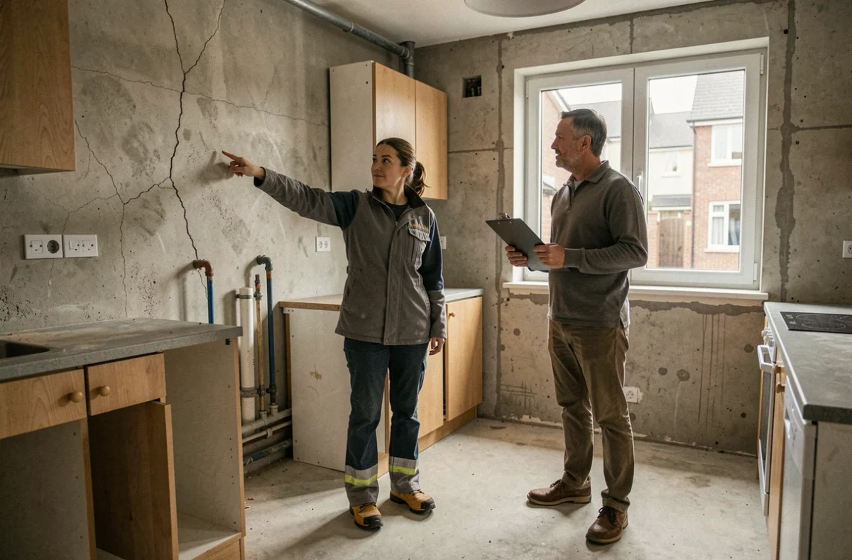 Entrepreneur et propriétaire inspectant des dommages structurels dans une cuisine en rénovation