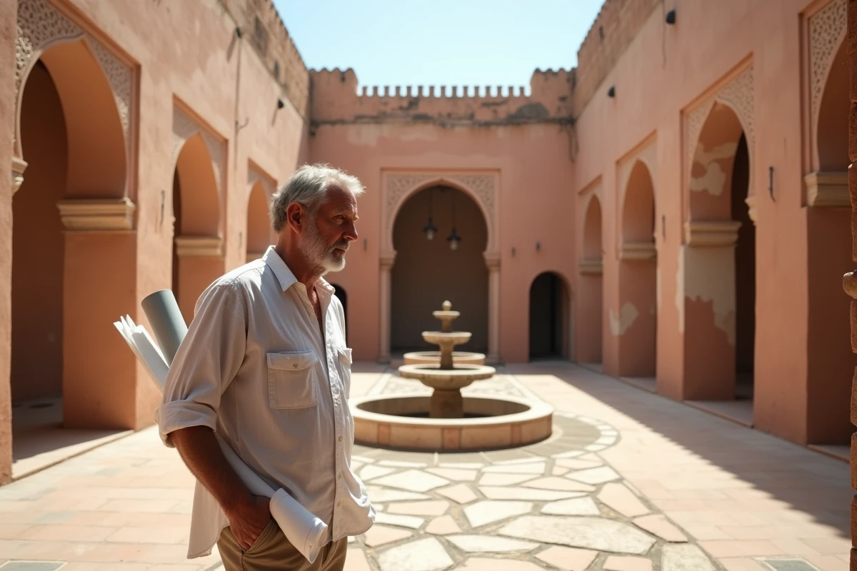 Architecte inspectant les travaux de rénovation d'un riad traditionnel à Marrakech avec des carreaux de zellige abîmés