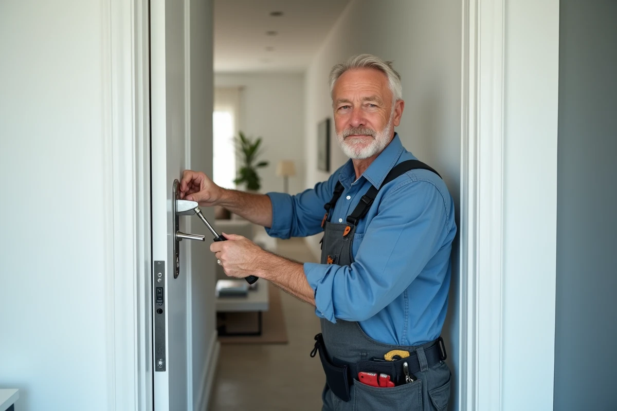 Serrurier installant une nouvelle serrure sur la porte d'entrée d'un appartement en location