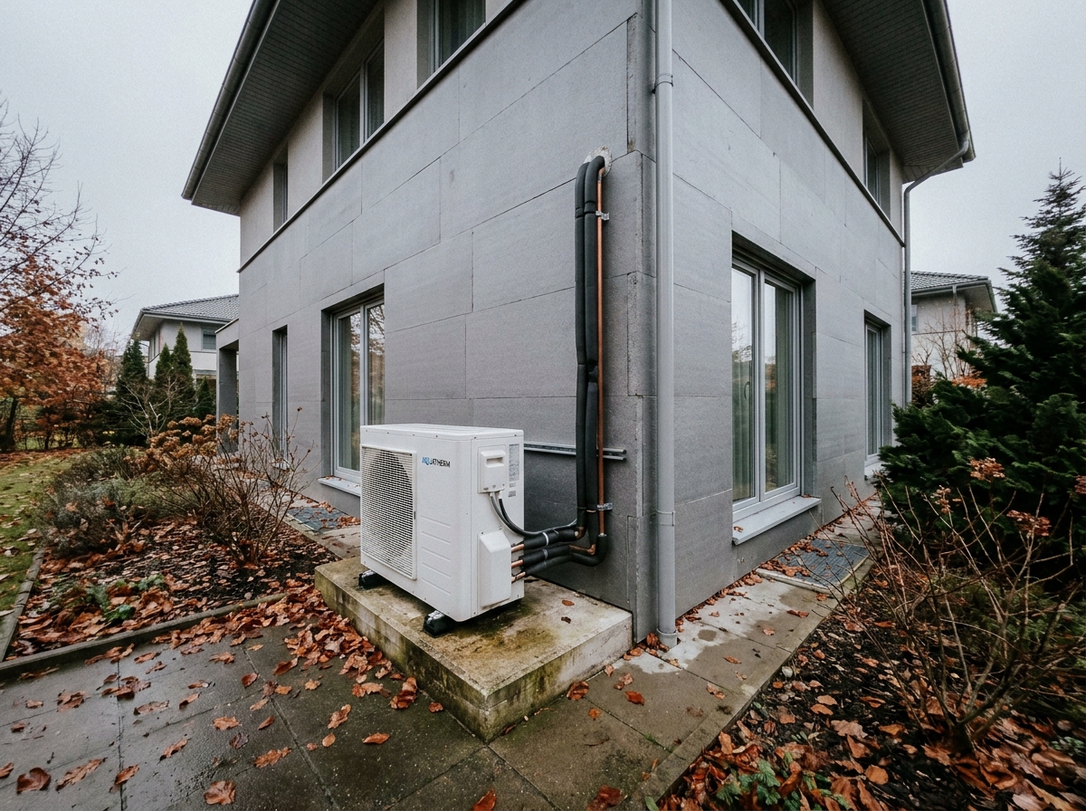 Pompe à chaleur air-eau installée sur la façade extérieure d'une grande maison moderne