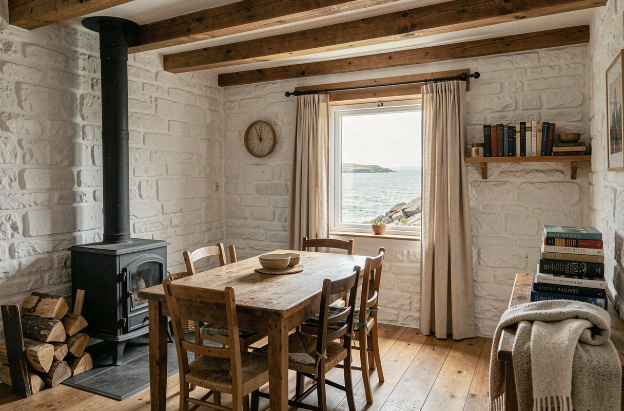 Intérieur chaleureux d'une maison de pêcheur bretonne rénovée avec poutres en chêne et poêle en fonte