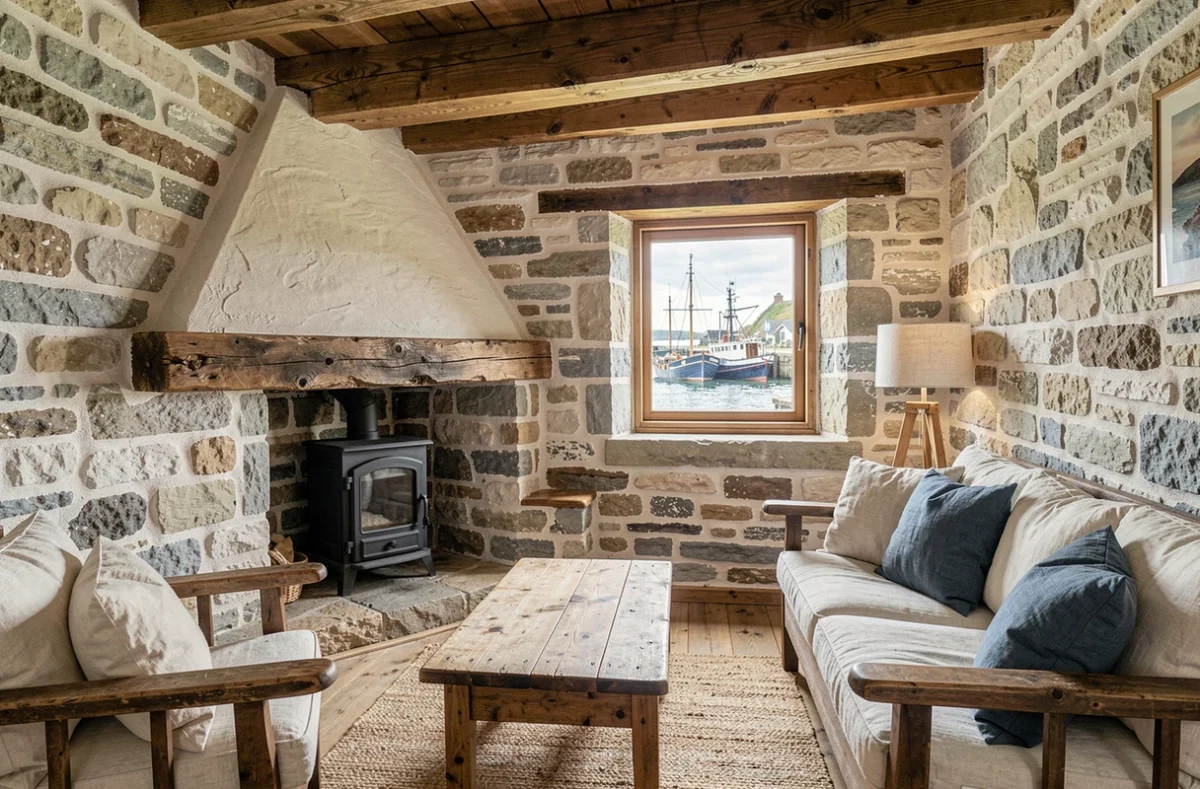 Intérieur typique d'une maison de pêcheur bretonne rénovée avec cheminée et vue sur le port