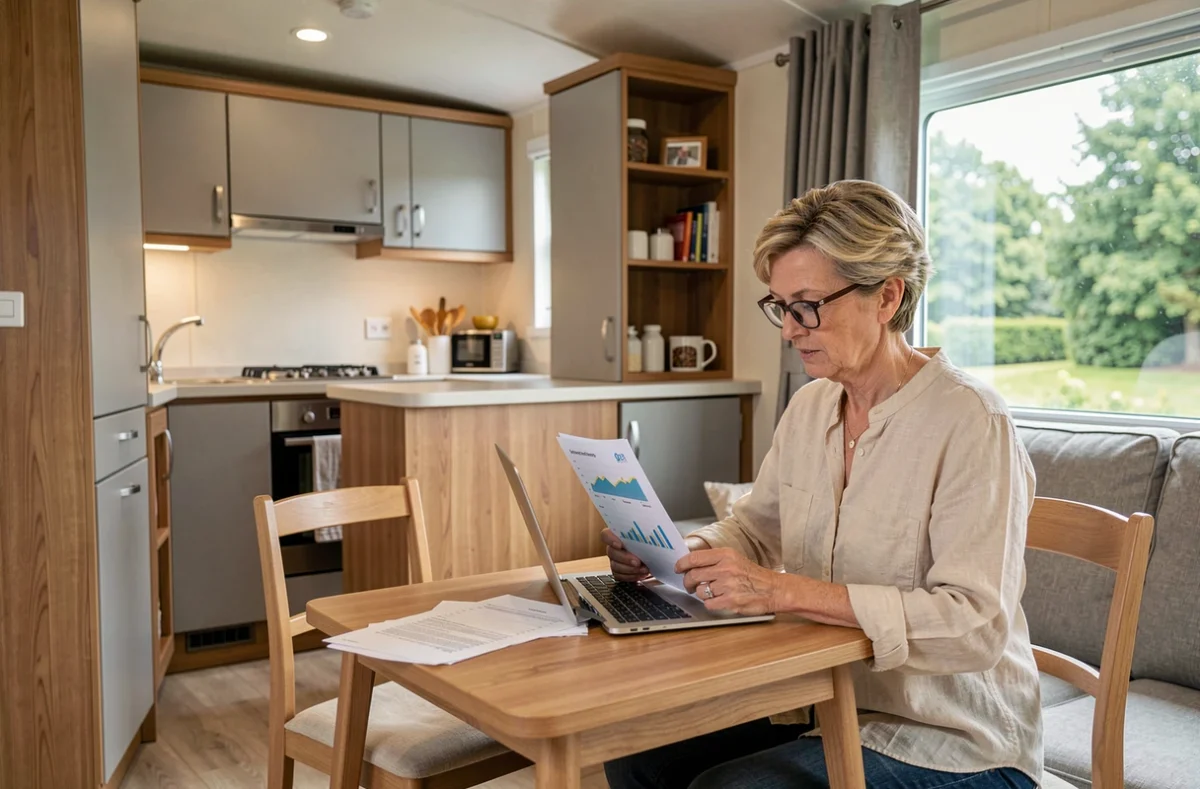 Femme propriétaire analysant sa rentabilité locative en statut LMNP à l'intérieur d'un mobil-home aménagé