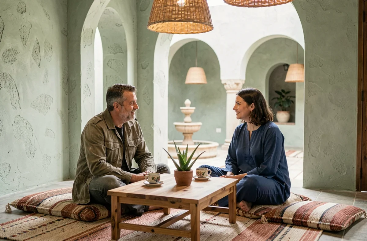 Couple en séjour dans un riad éco-responsable à Essaouira, assis sur des coussins berbères artisanaux autour d'un thé à la menthe