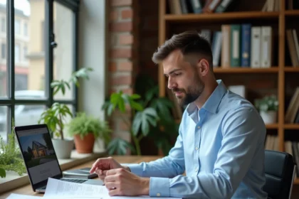 Jeune investisseur immobilier débutant analysant des documents de location sur un bureau en bois dans un bureau à domicile moderne
