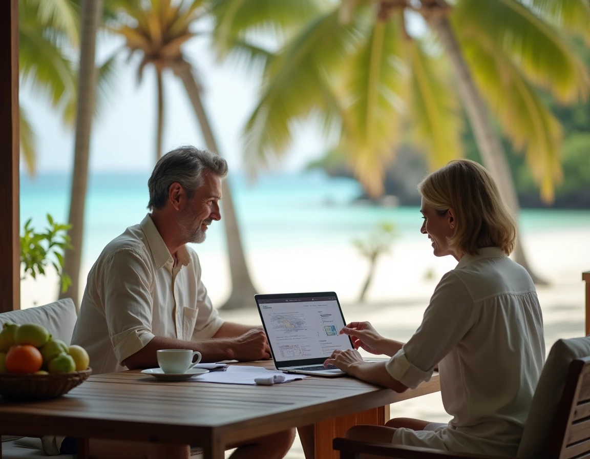 Couple d'investisseurs étudiant le rendement locatif d'une maison en Thaïlande proche de la plage