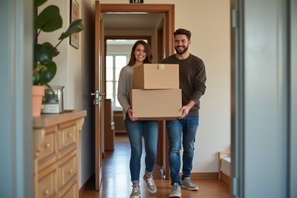 Jeune couple souriant avec cartons dans un appartement