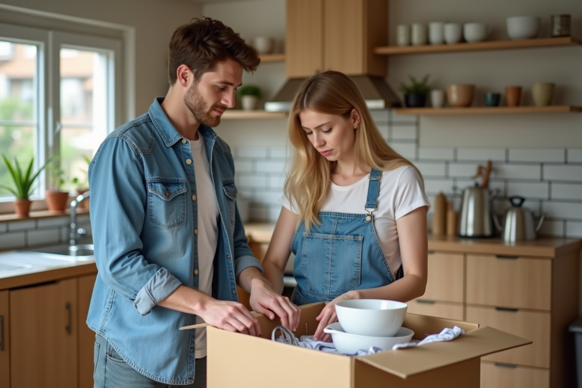 Jeune couple emballant vaisselle dans la cuisine lumineuse
