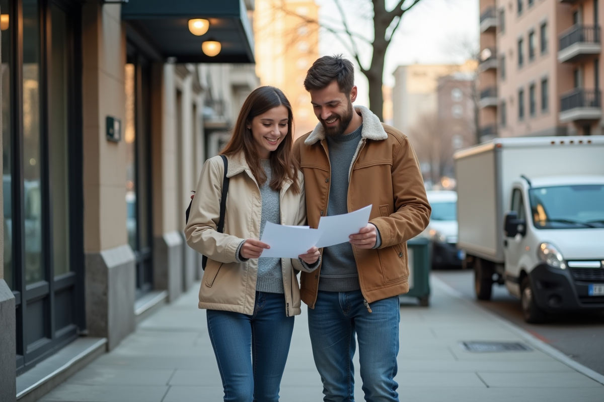 Jeune couple examinant des papiers devant un immeuble urbain