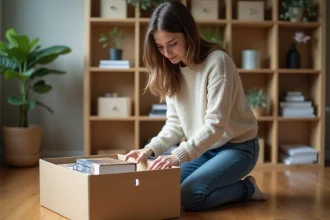 Jeune femme emballant des livres dans un appartement