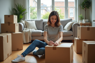 Jeune femme emballant une boîte en carton dans un salon cosy