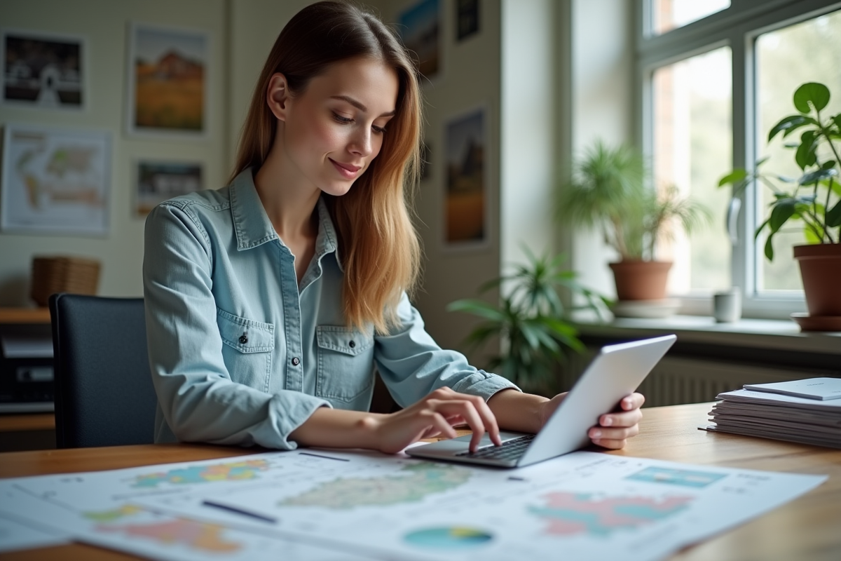 Jeune femme analysant cartes et prix dans un bureau immobilier moderne