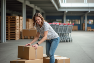 Jeune femme souriante ramasse des cartons dans un parking urbain