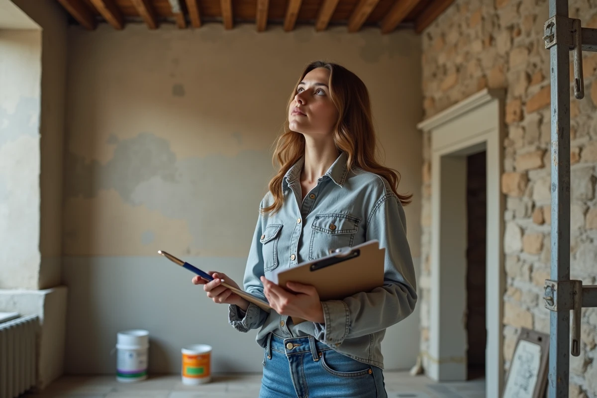 Jeune femme en tenue casual inspectant un appartement ancien