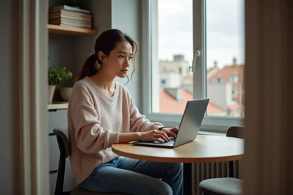 Jeune femme travaillant sur un laptop dans un studio moderne