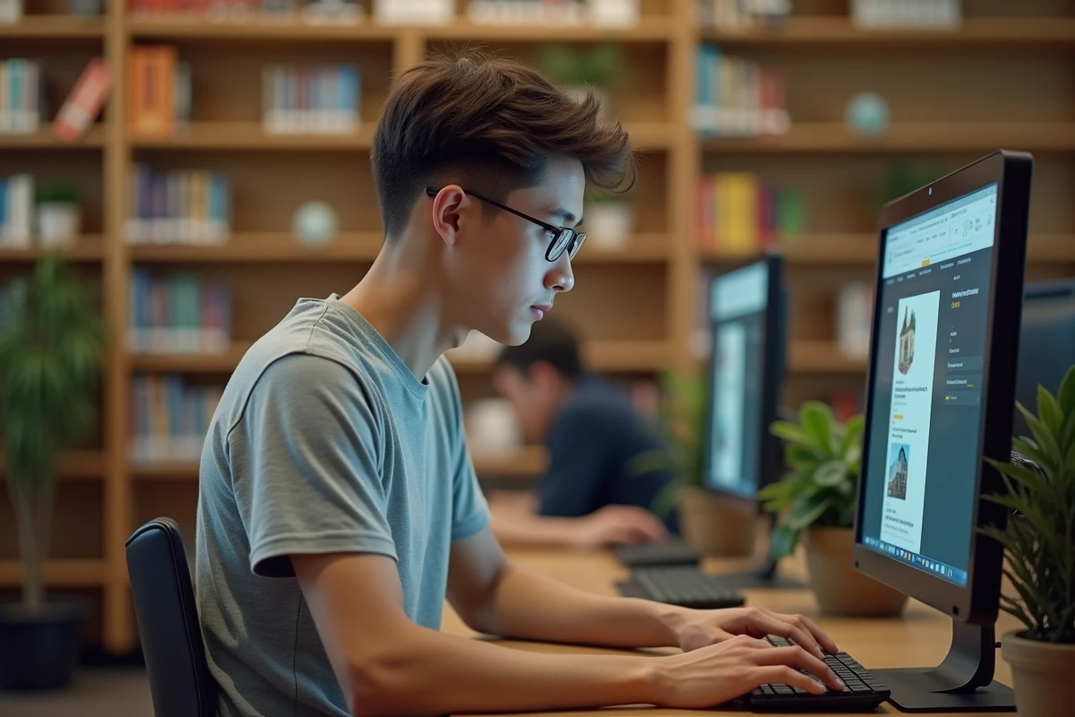 Jeune homme à la bibliothèque naviguant sur un site immobilier