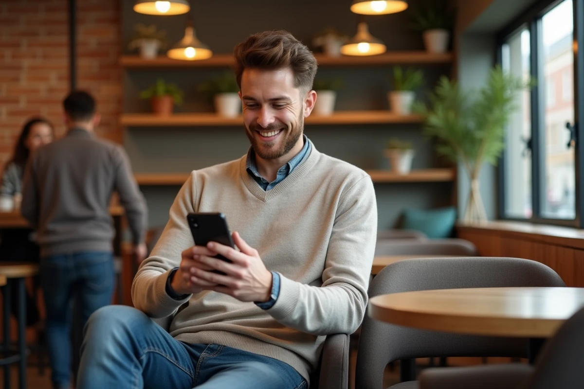 Jeune homme sceptique regardant son téléphone au café