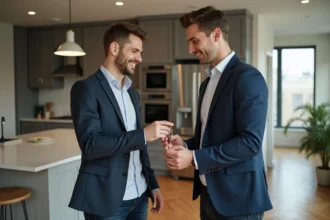 Jeune homme d affaires donnant des clés à un agent immobilier
