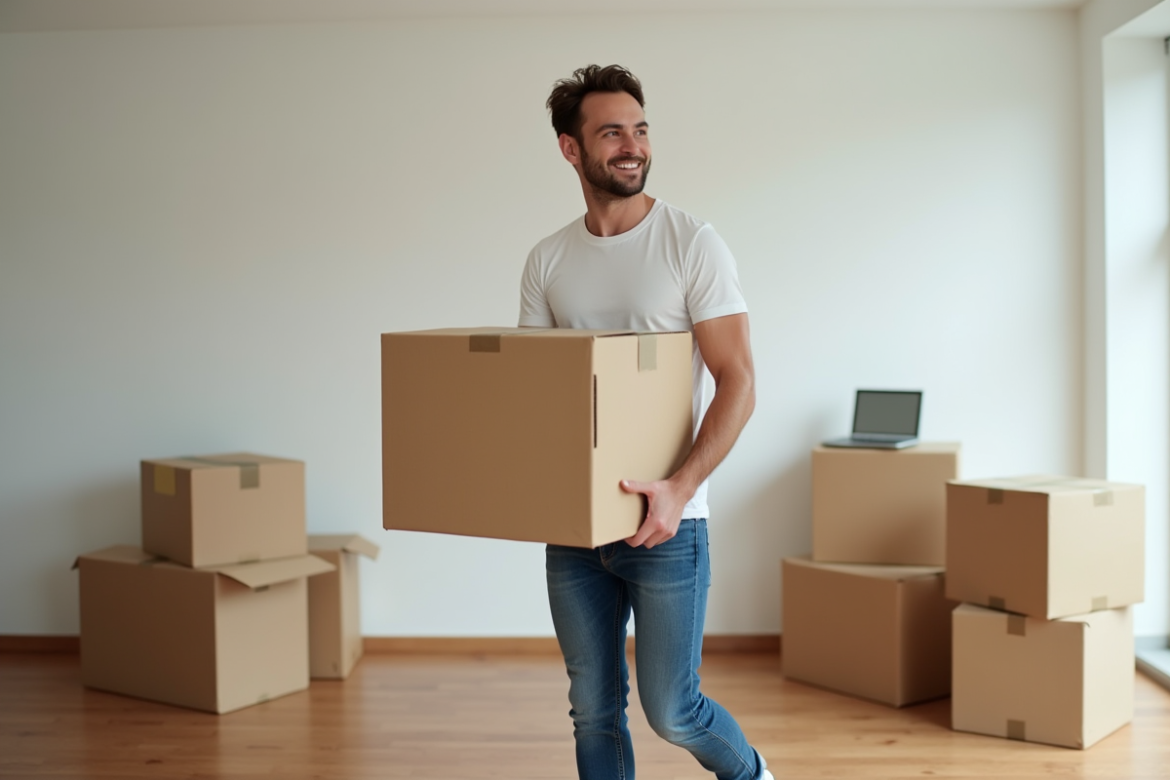 Jeune homme souriant portant une boîte en carton dans un appartement vide