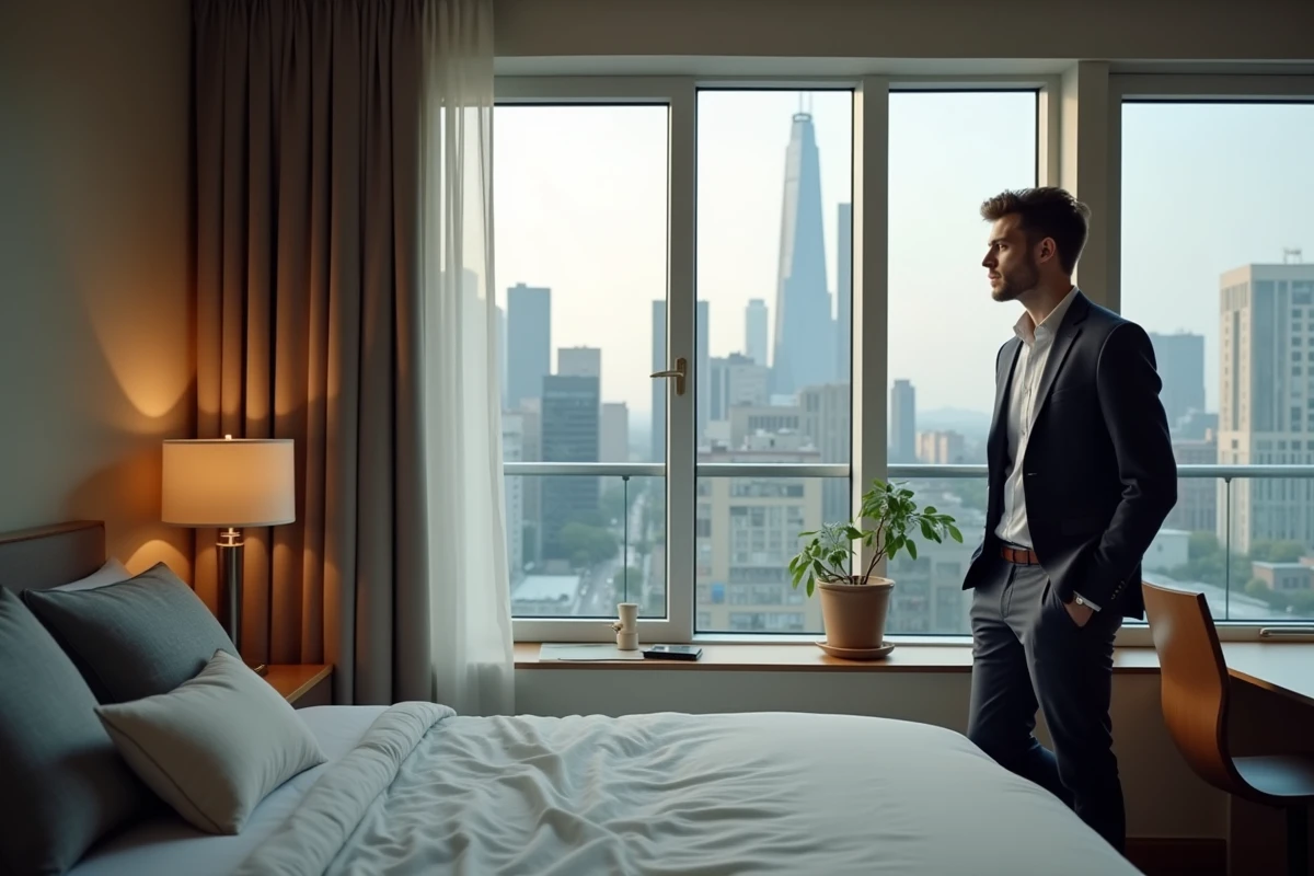 Jeune homme regardant la skyline urbaine depuis un studio