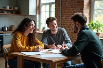 Trois jeunes adultes discutent autour d'une table de cuisine