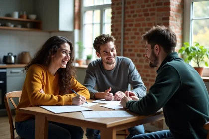 Trois jeunes adultes discutent autour d'une table de cuisine