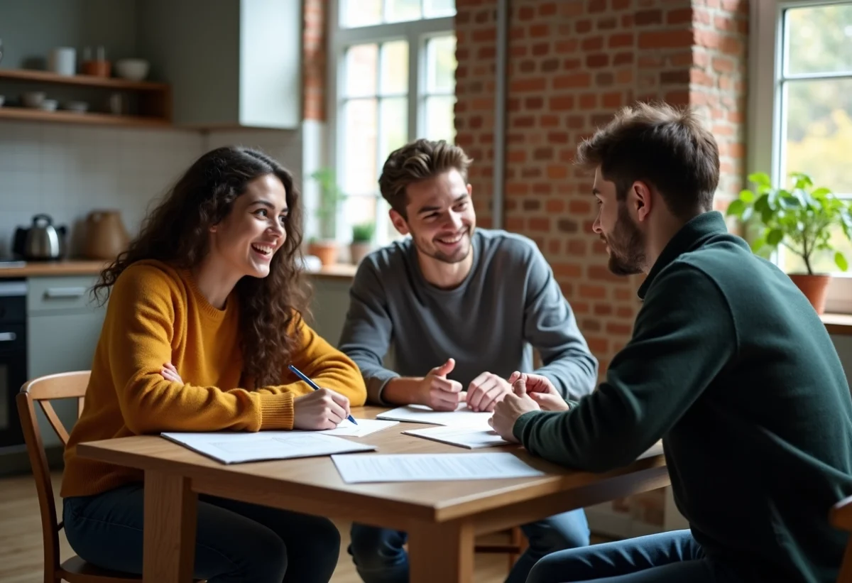 Trois jeunes adultes discutent autour d'une table de cuisine