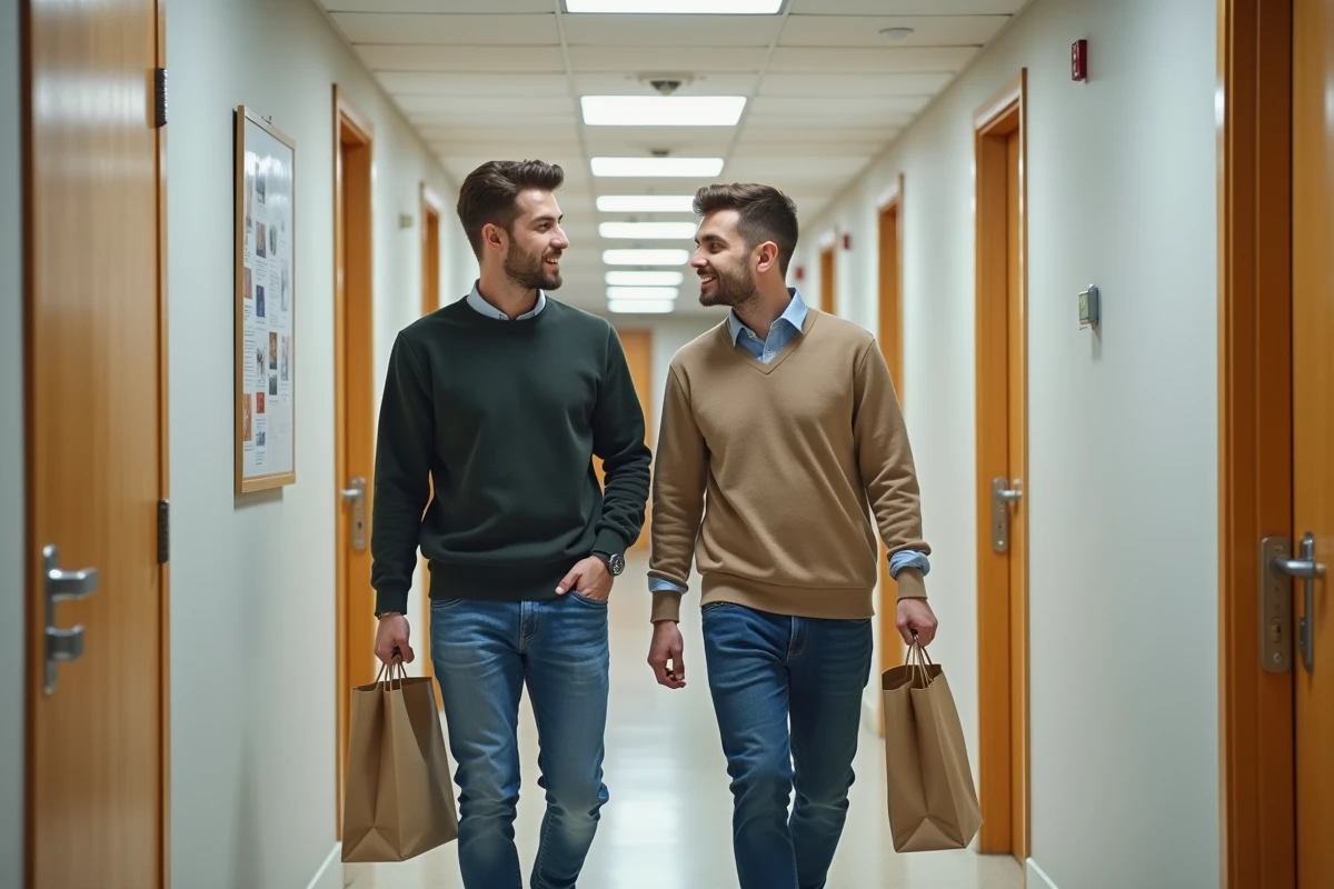 Deux jeunes hommes discutant dans un couloir d