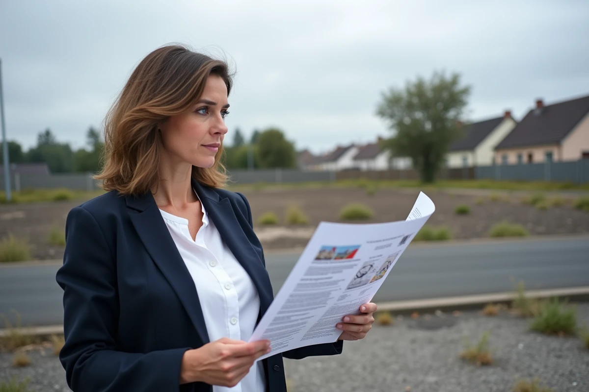Femme étudiant les mentions d'un certificat d'urbanisme opérationnel sur un terrain à bâtir en zone périurbaine