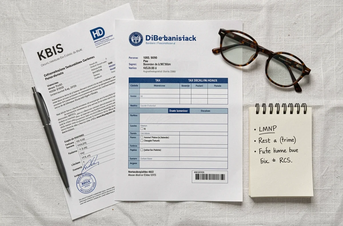 Documents administratifs LMNP incluant extrait Kbis et formulaire fiscal pour l'inscription au RCS