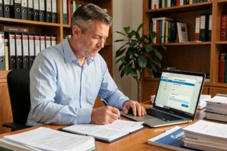 Propriétaire LMNP consultant des documents d'inscription au RCS sur son bureau à domicile