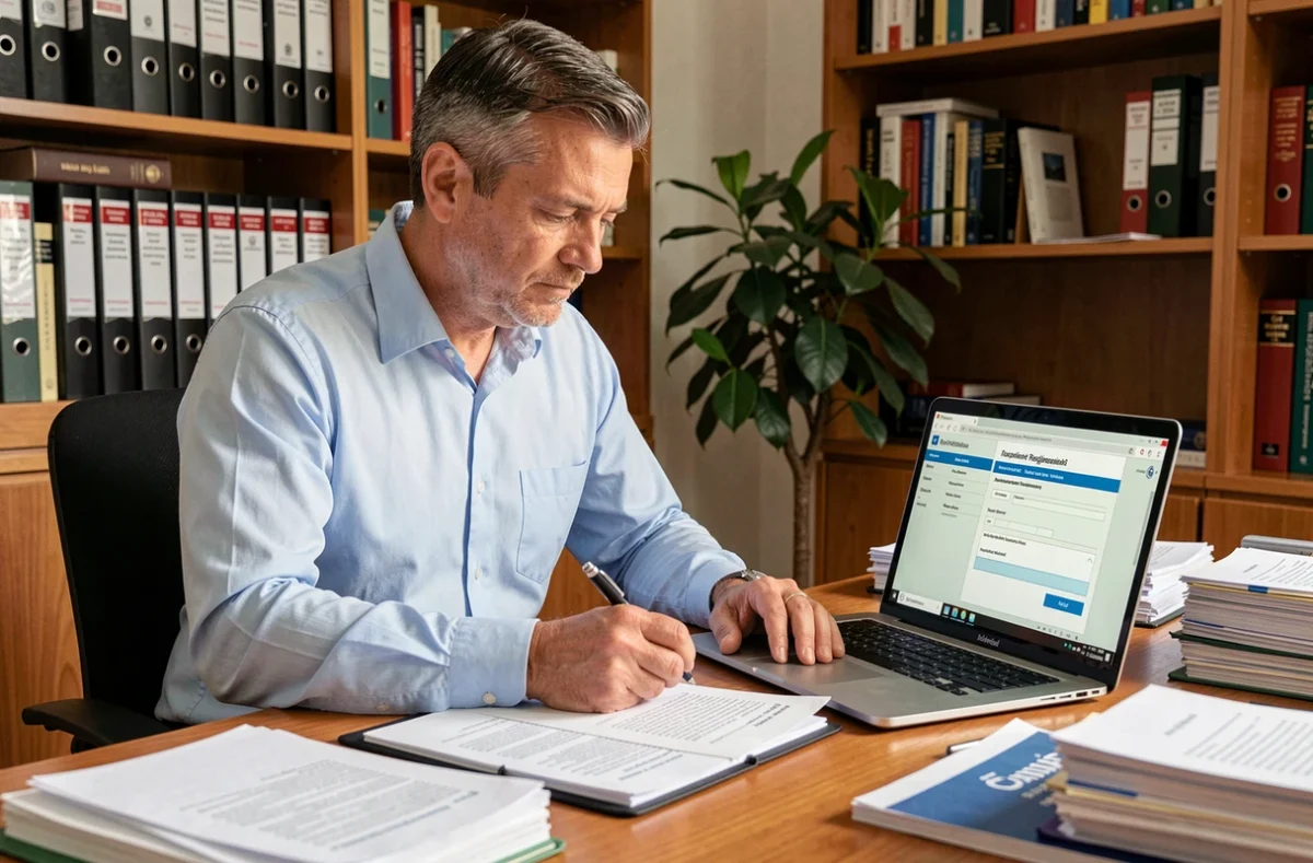 Propriétaire LMNP consultant des documents d'inscription au RCS sur son bureau à domicile
