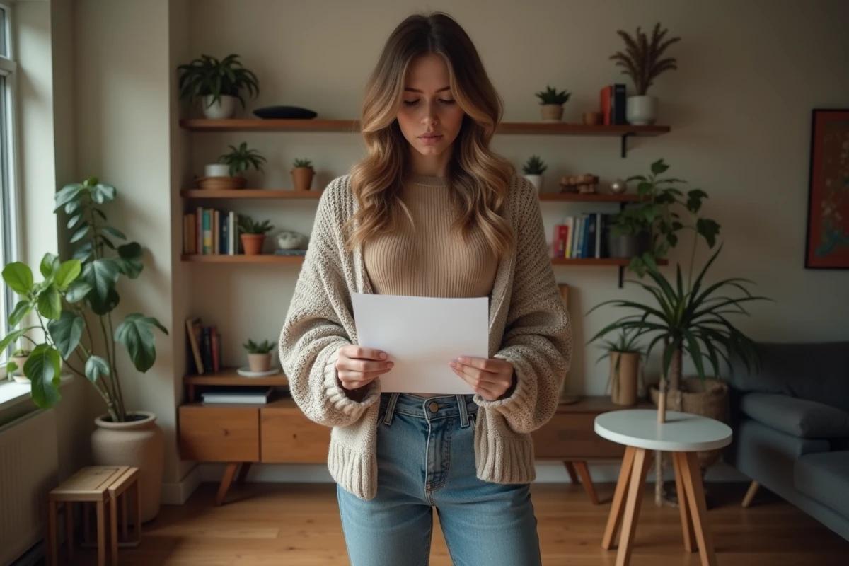 Jeune femme lisant un avis dans son salon parisien