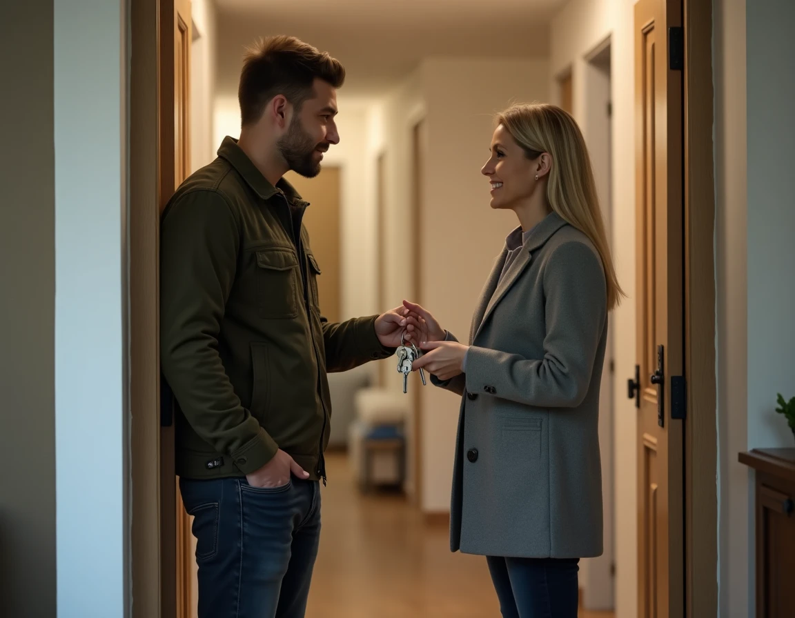 Locataire recevant les clés de son appartement à l'entrée du logement lors de l'état des lieux