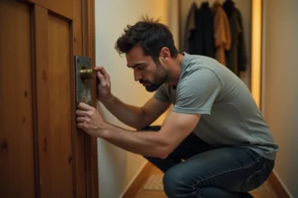 Locataire examinant une serrure cassée et vétuste sur la porte d'un appartement