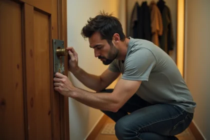 Locataire examinant une serrure cassée et vétuste sur la porte d'un appartement