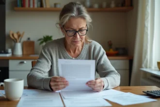 Locataire examinant des documents de bail et une lettre de surloyer à la table de sa cuisine