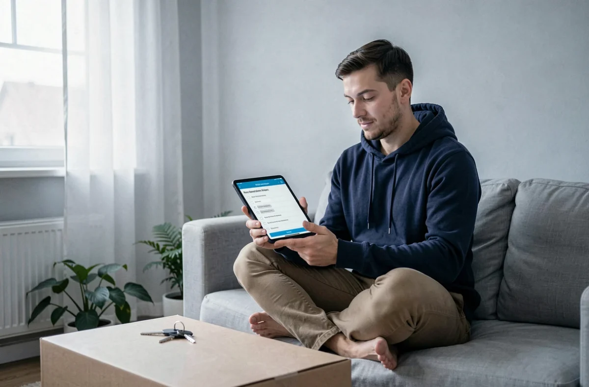 Nouveau locataire seul sur un canapé consultant un guide d'onboarding locataire Inli sur tablette dans un appartement vide au moment de l'emménagement