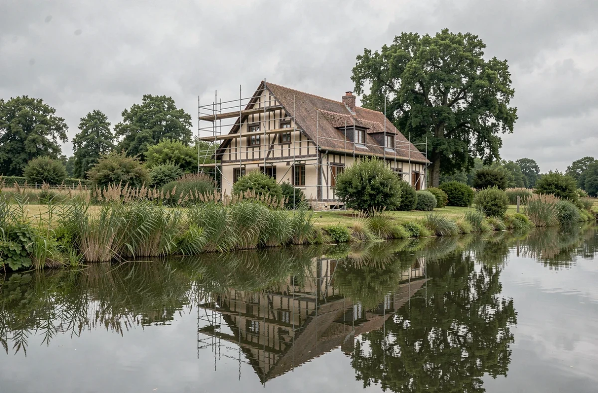 Maison en bois en construction au bord d'une rivière entourée de végétation naturelle en zone protégée