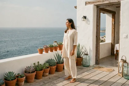 Femme en tenue lin sur la terrasse en bois d'une maison éco-responsable à Essaouira avec vue sur l'océan Atlantique