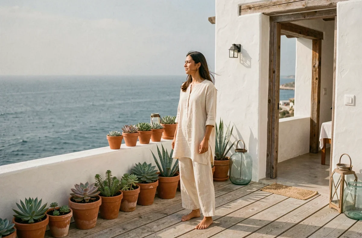 Femme en tenue lin sur la terrasse en bois d'une maison éco-responsable à Essaouira avec vue sur l'océan Atlantique