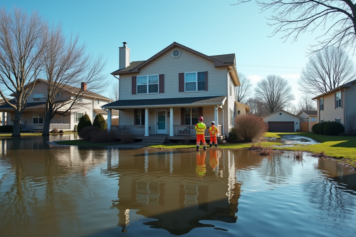 Maison de banlieue inondee apres une tempete avec secours